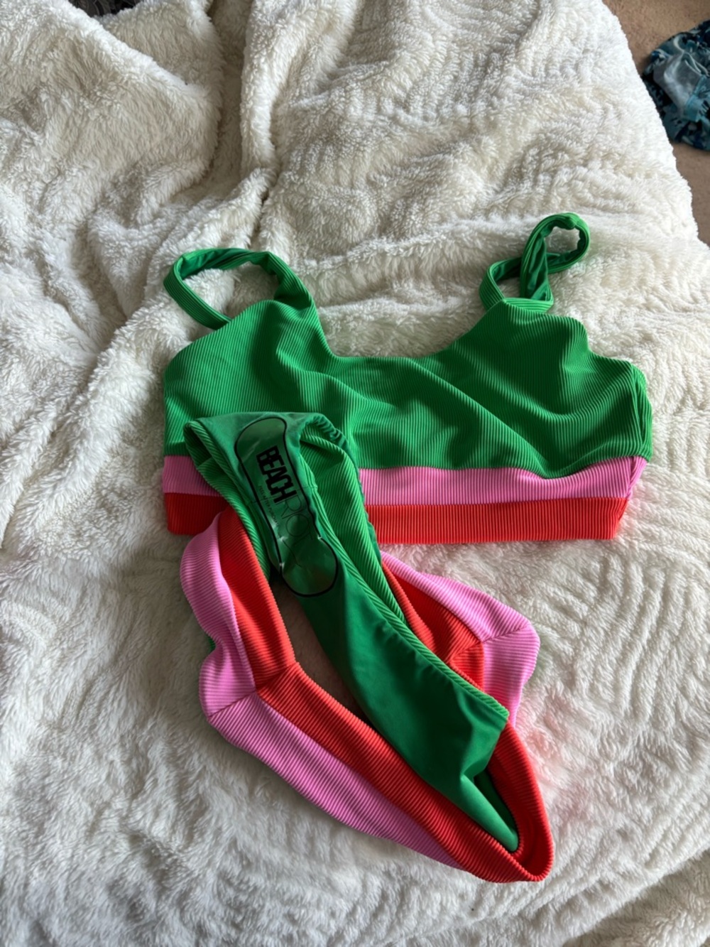 Ribbed Colorblock High-Waist Bikini in Green-L top M bottom - Picture 3 of 4